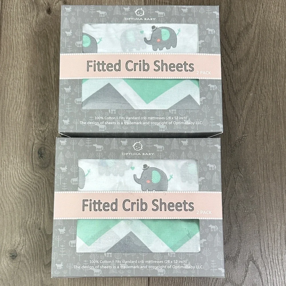 Two Optima Baby 2 Pack Fitted Soft Cotton Fitted Crib Sheets Green White